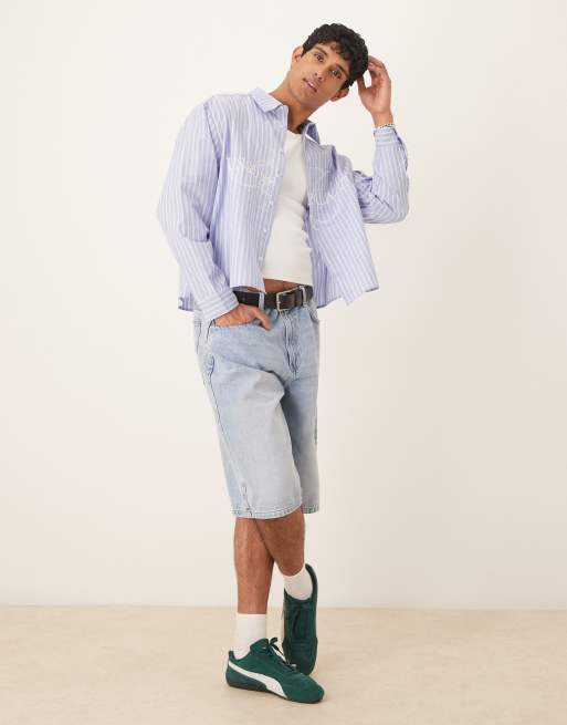 ASOS DESIGN - Chemise rayée oversize coupe carrée avec broderie - Bleu