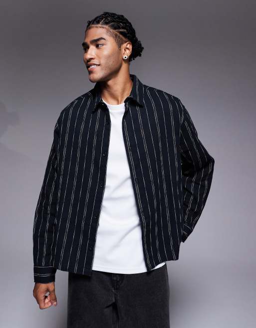 ASOS DESIGN boxy oversized striped shirt with half sleeves in black