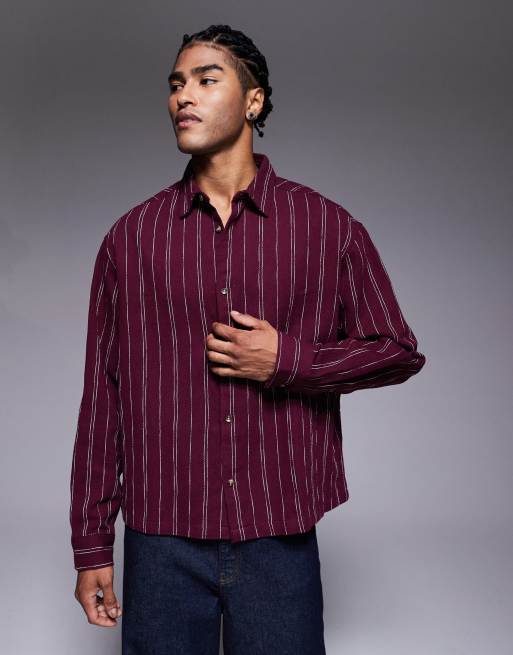 ASOS DESIGN boxy oversized striped shirt with half sleeves in burgundy