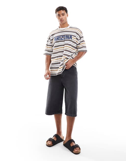 ASOS DESIGN boxy oversized striped t-shirt with chest applique in white and brown, 3 of 4