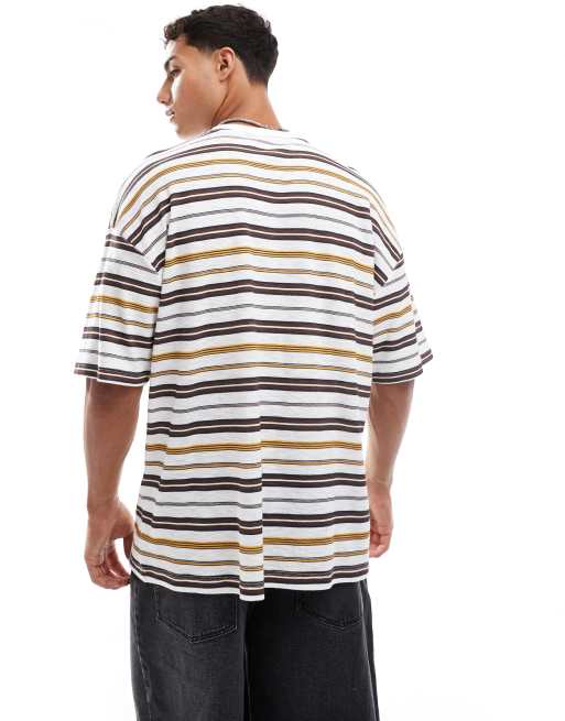 ASOS DESIGN boxy oversized striped t-shirt with chest applique in white and brown, 4 of 4