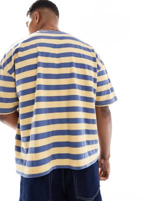 ASOS DESIGN boxy oversized striped t-shirt with front graphic in sand and blue