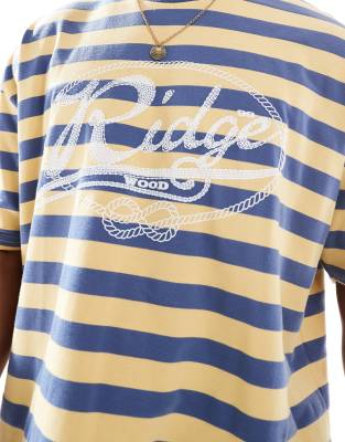 ASOS DESIGN boxy oversized striped t-shirt with front graphic in sand and blue