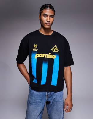 Asos Design Boxy Oversized Striped T-shirt With Sports Graphic In Black
