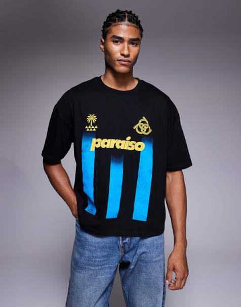 ASOS DESIGN boxy oversized striped t-shirt with sports graphic in black - view 1