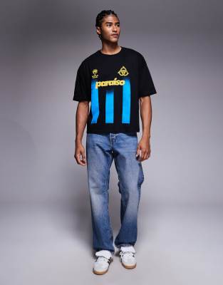Asos Design Boxy Oversized Striped T-shirt With Sports Graphic In Black