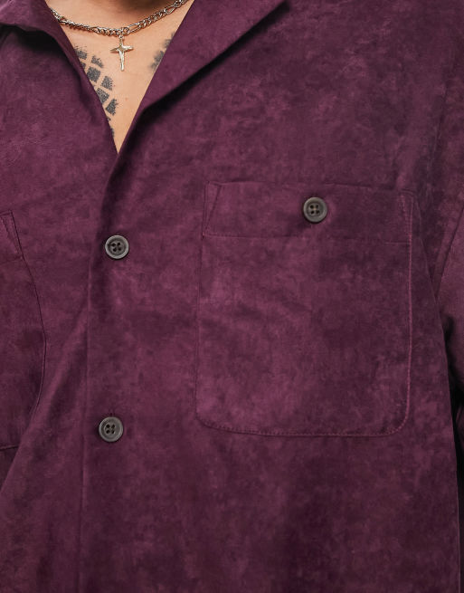 ASOS DESIGN boxy oversized suede shirt with revere collar in burgundy, 3 of 4