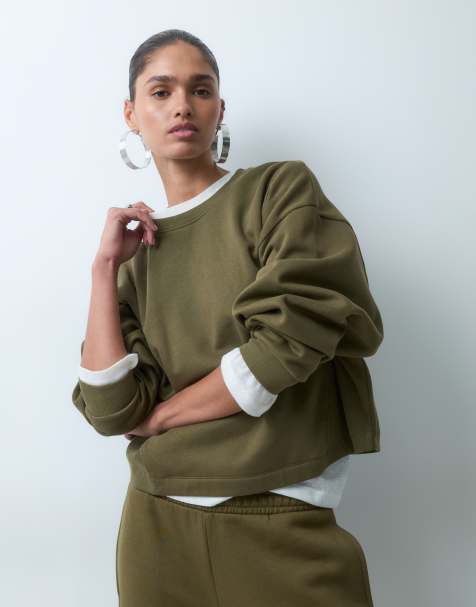 ASOS DESIGN boxy oversized sweat met geborstelde binnenkant in kaki - view 1