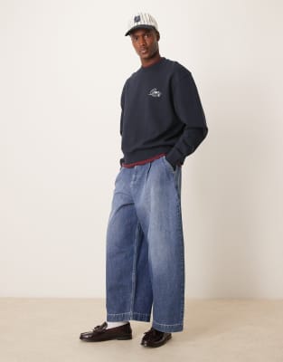 Asos Design Boxy Oversized Sweatshirt With Chest Embroidery In Navy