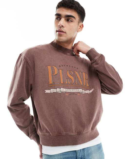 ASOS DESIGN boxy oversized sweatshirt with print in acid washed brown