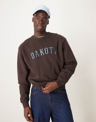 ASOS DESIGN boxy oversized sweatshirt with satin chest embroidery in brown - view 1