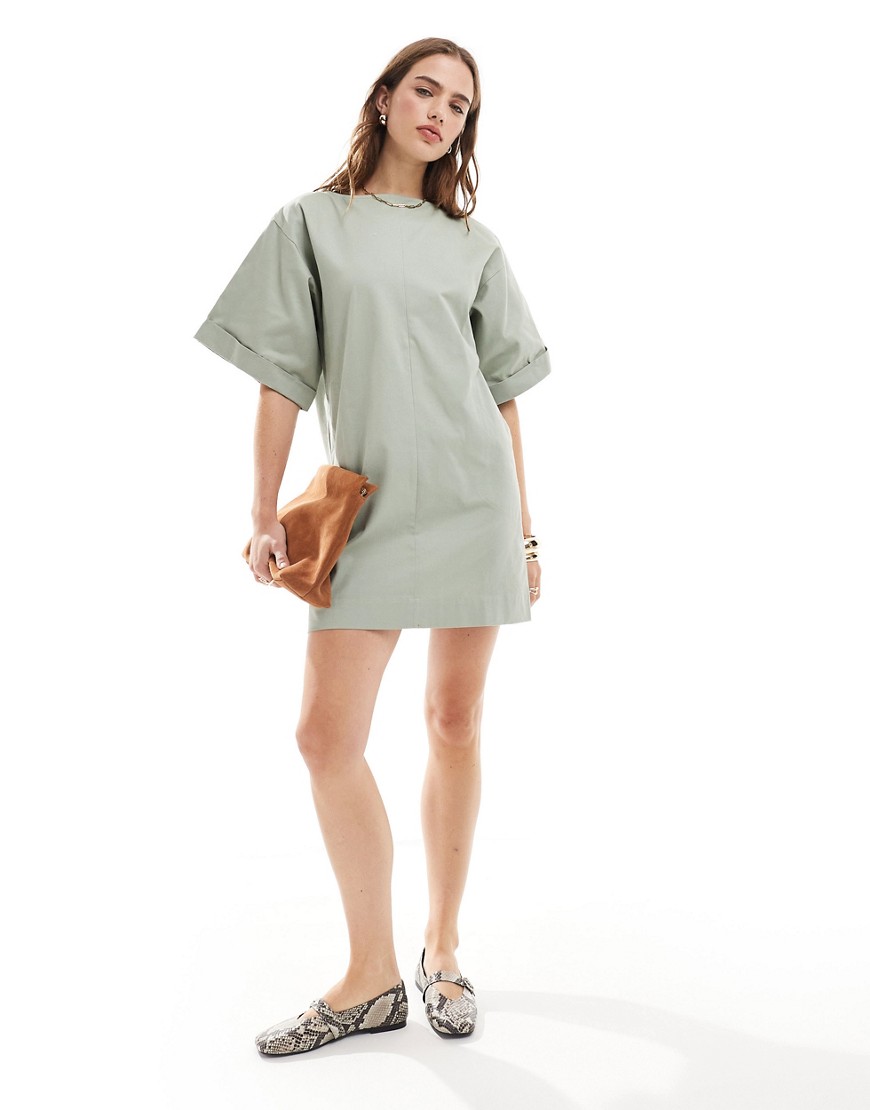 Asos Design Boxy Oversized T-shirt Cotton Twill Mini Dress In Sage-green