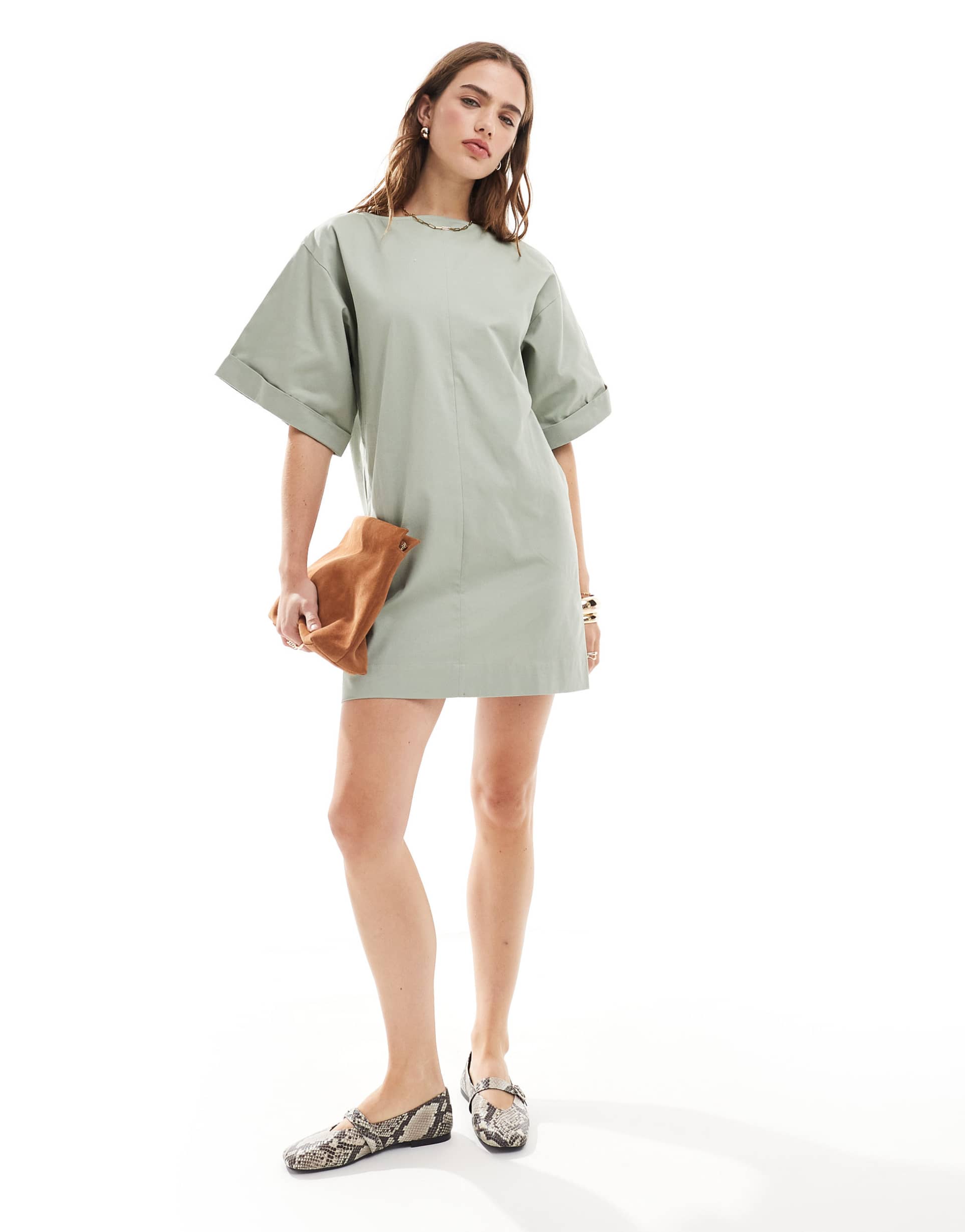 asos design boxy oversized t-shirt cotton twill mini dress in sage