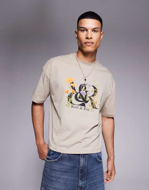 ASOS DESIGN - Boxy oversized t-shirt i beige med blomsterprint foran - view 1