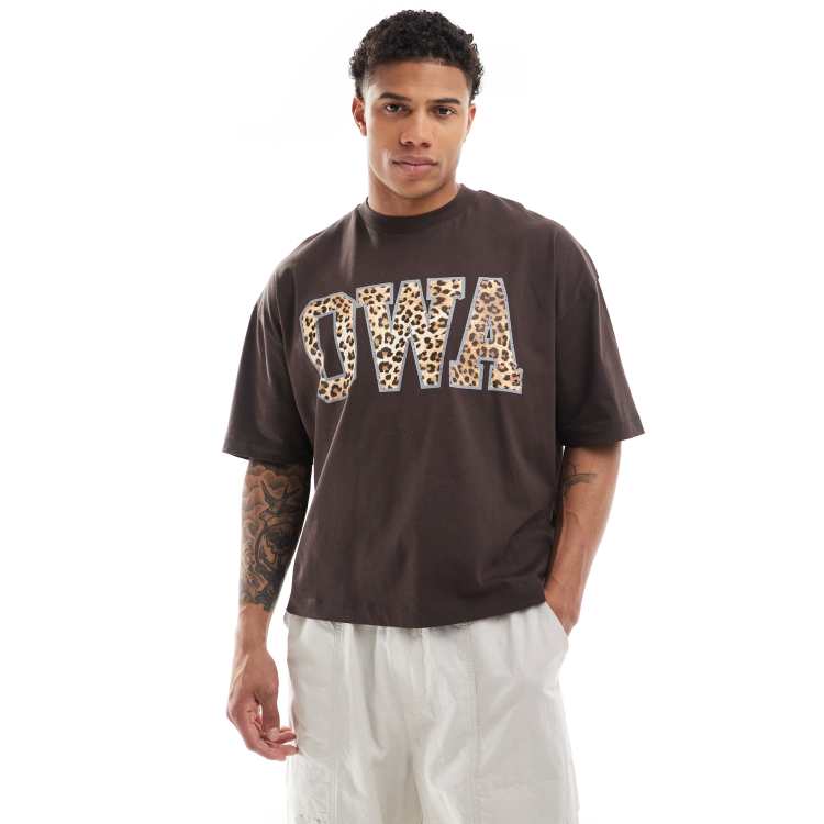 ASOS DESIGN boxy oversized t-shirt in brown with leopard