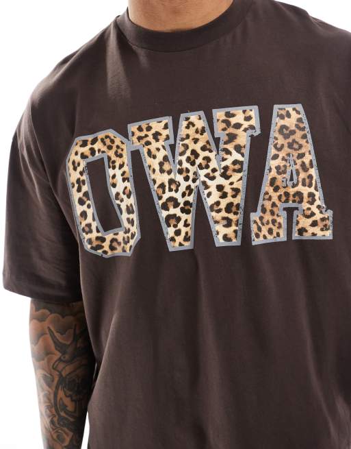 ASOS DESIGN boxy oversized t-shirt in brown with leopard
