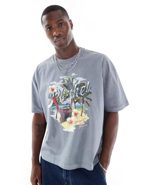 ASOS DESIGN boxy oversized t-shirt in heavyweight 220gsm light washed grey with high summer graphic - view 1