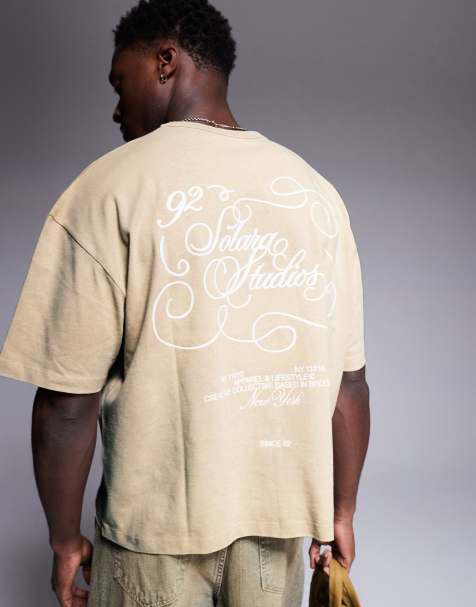 ASOS DESIGN boxy oversized t-shirt in heavyweight 220gsm washed beige with text graphic - view 1