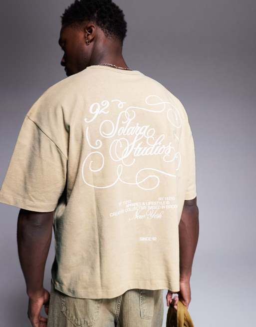ASOS DESIGN boxy oversized t-shirt in heavyweight 220gsm washed beige with text graphic