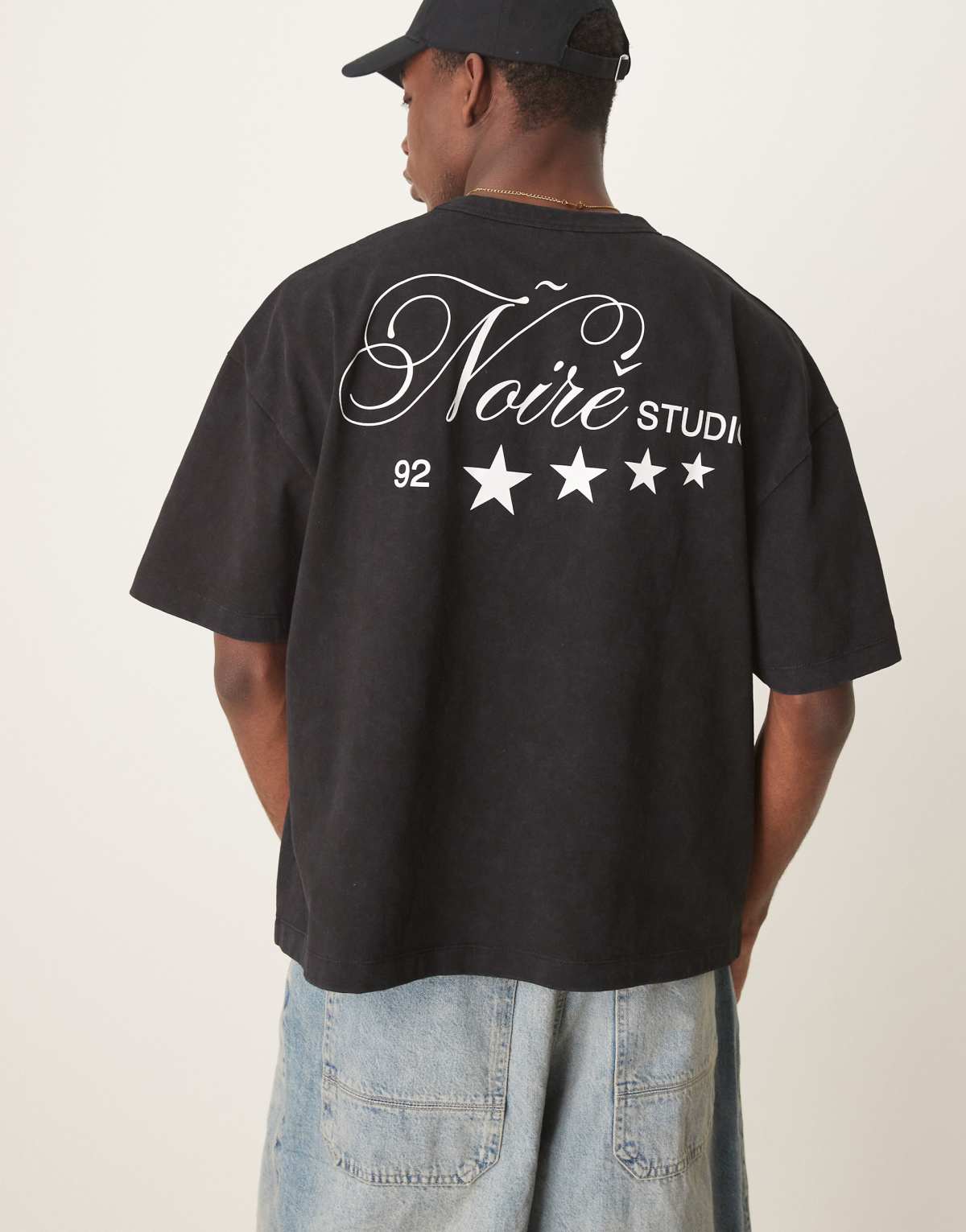 ASOS DESIGN boxy oversized t-shirt in heavyweight 220gsm washed black with text graphic