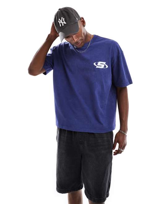 ASOS DESIGN boxy oversized t-shirt in heavyweight 220gsm washed blue with street graphic