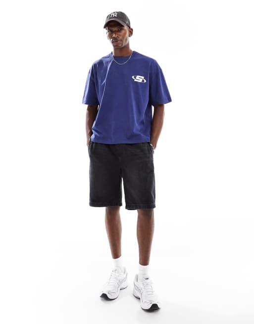 ASOS DESIGN boxy oversized t-shirt in heavyweight 220gsm washed blue with street graphic