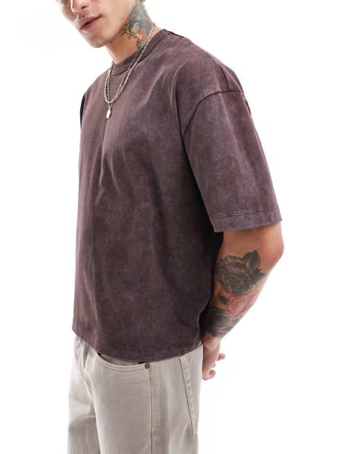 ASOS DESIGN boxy oversized t-shirt in heavyweight 220gsm washed brown with grunge back print, 2 of 4