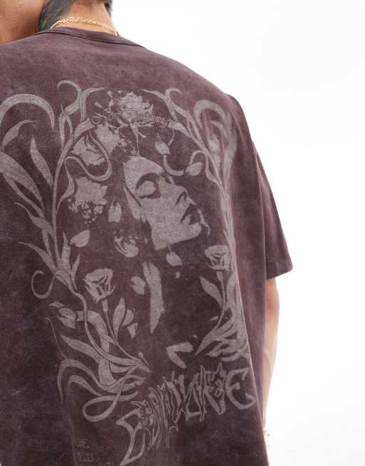 ASOS DESIGN boxy oversized t-shirt in heavyweight 220gsm washed brown with grunge back print, 4 of 4