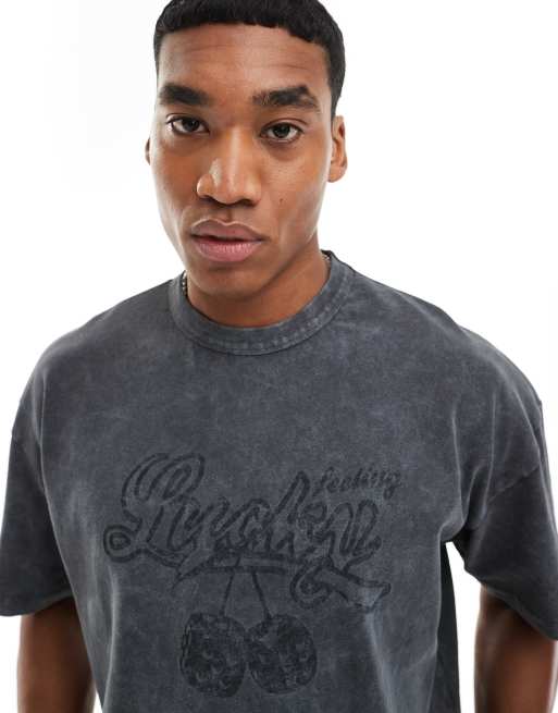 ASOS DESIGN boxy oversized t-shirt in heavyweight 220gsm washed gray with lucky chest print