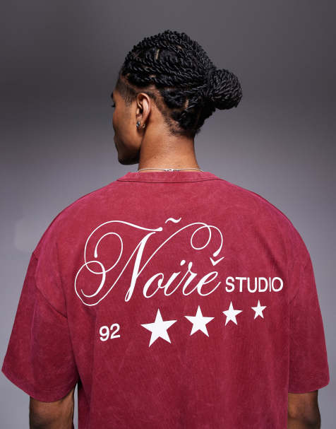 ASOS DESIGN boxy oversized t-shirt in heavyweight 220gsm washed red with text graphic - view 1