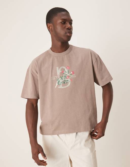ASOS DESIGN boxy oversized t-shirt in heavyweight 220gsm washed stone with floral text graphic