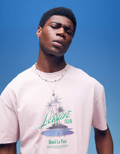 ASOS DESIGN boxy oversized t-shirt in heavyweight 220gsm with palm tree chest print in washed pink