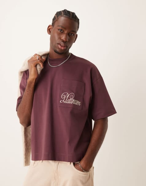ASOS DESIGN boxy oversized t-shirt in premium heavyweight 300gsm burgundy with pocket print - view 1