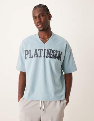 boxy oversized t-shirt in premium heavyweight cut and sew blue with chest print