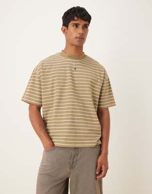 ASOS DESIGN boxy oversized t-shirt in textured khaki stripe - view 1