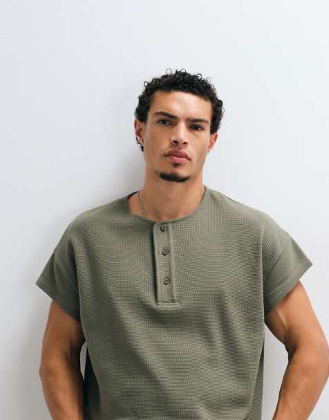 ASOS DESIGN boxy oversized T-shirt med henley og cap-ærmer i khaki waffle - view 1