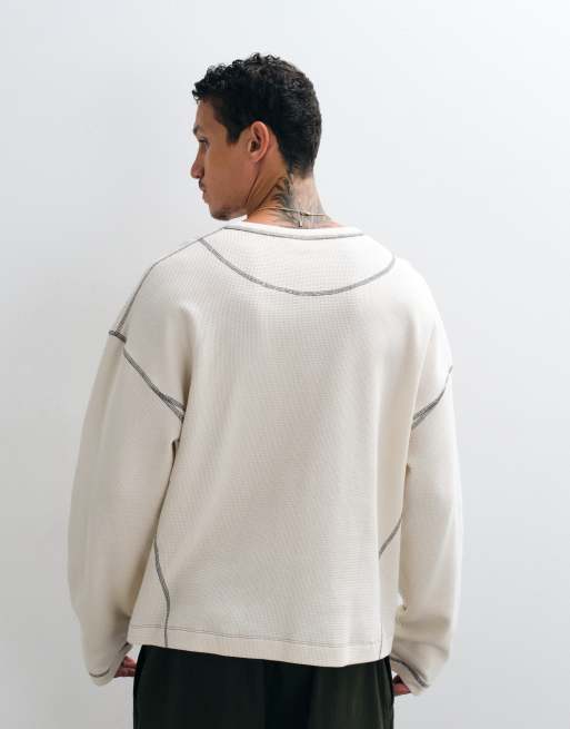 ASOS DESIGN boxy oversized T-shirt med henley og print i cream waffle, 3 af 5