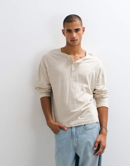 ASOS DESIGN boxy oversized T-shirt med hør og henley i beige, 2 af 5