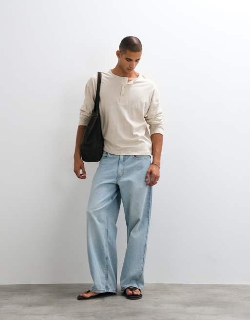 ASOS DESIGN boxy oversized T-shirt med hør og henley i beige, 4 af 5