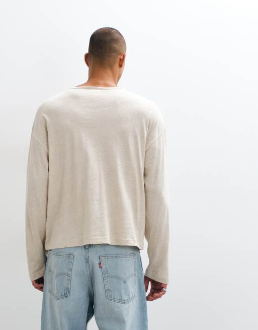 ASOS DESIGN boxy oversized T-shirt med hør og henley i beige, 5 af 5