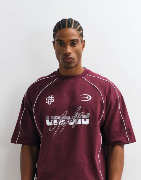 ASOS DESIGN boxy oversized T-shirt med print og kontrastpiping i burgundy - view 1