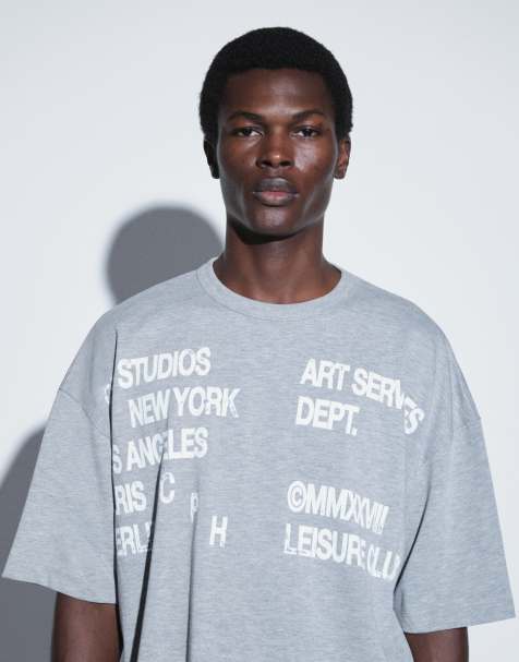 ASOS DESIGN boxy oversized T-shirt med sænkede skuldre og tekstprint i gråmeleret - view 1