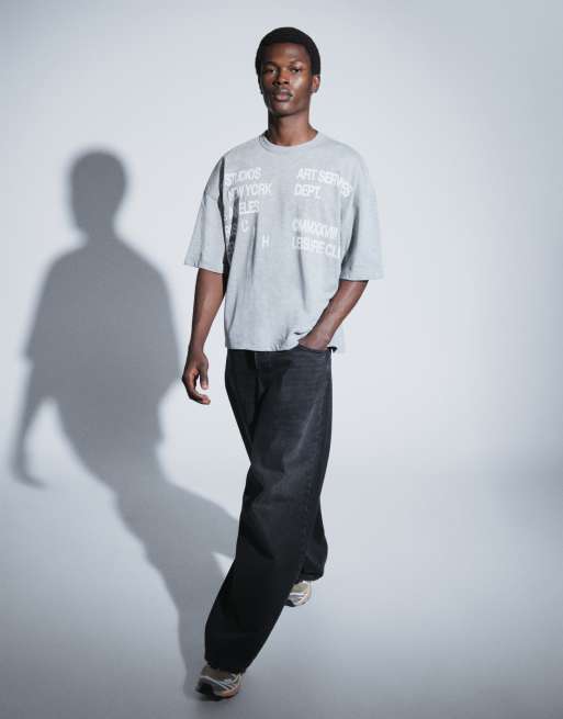 ASOS DESIGN boxy oversized T-shirt med sænkede skuldre og tekstprint i gråmeleret, 2 af 5