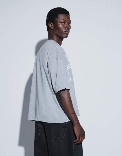 ASOS DESIGN boxy oversized T-shirt med sænkede skuldre og tekstprint i gråmeleret, 5 af 5