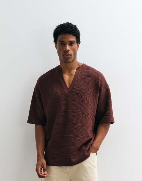 ASOS DESIGN boxy oversized T-shirt med v-hals i brun tekstur - view 1