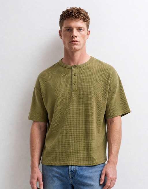 ASOS DESIGN boxy oversized T-shirt med vævet henley i khaki waffle, 6 af 10