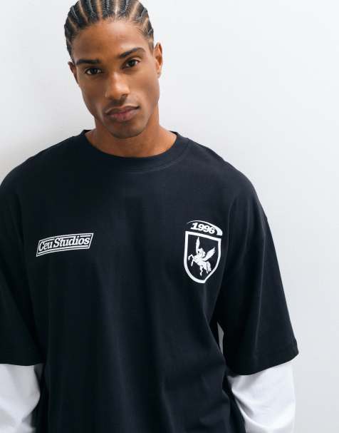 ASOS DESIGN boxy oversized T-shirt met dubbele laag, lange mouwen en street graphic in zwart - view 1