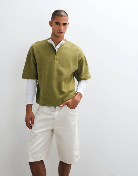 ASOS DESIGN boxy oversized T-shirt met geweven henley in kaki wafel - view 1