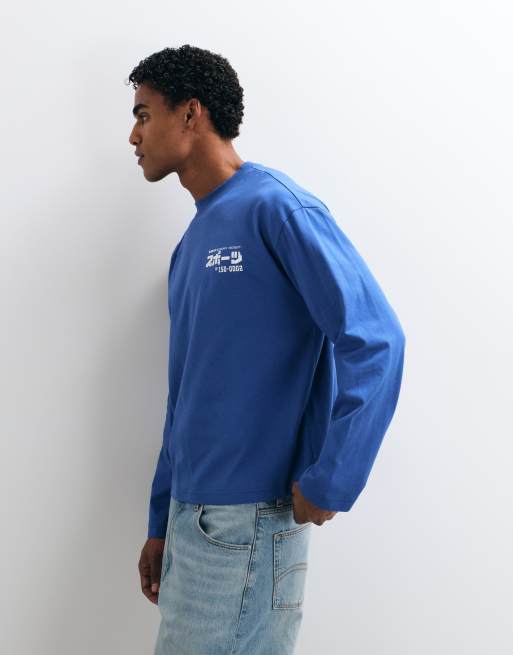 ASOS DESIGN boxy oversized T-shirt met lange mouwen en sportprint in navy, 5 van 5