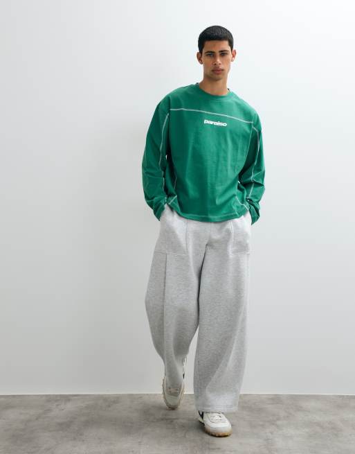 ASOS DESIGN boxy oversized T-shirt met lange mouwen en tekstprint in groen, 3 van 5